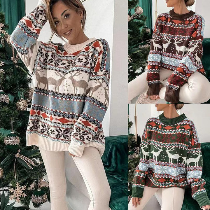 Sweter damski świąteczny w żakardowy wzór, luźny, z okrągłym dekoltem