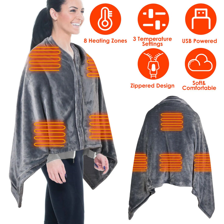 Przenośne ogrzewane poncho na USB z zamkiem i kieszenią na powerbank