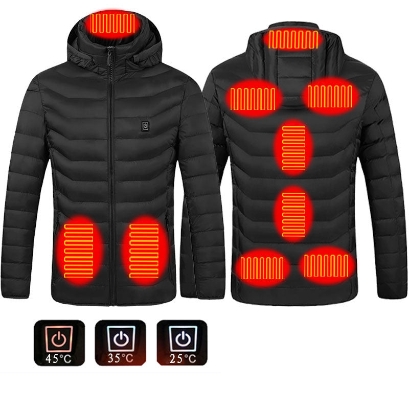 Ogrzewana kurtka USB z odpinanym kapturem, 2–9 stref, włókno węglowe, S–6XL