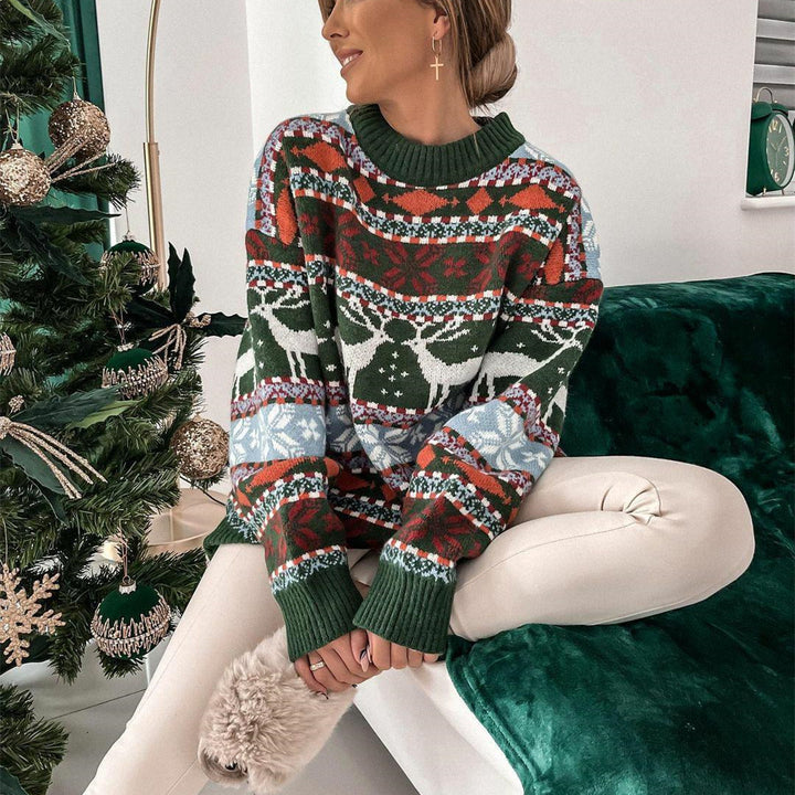 Sweter damski świąteczny w żakardowy wzór, luźny, z okrągłym dekoltem