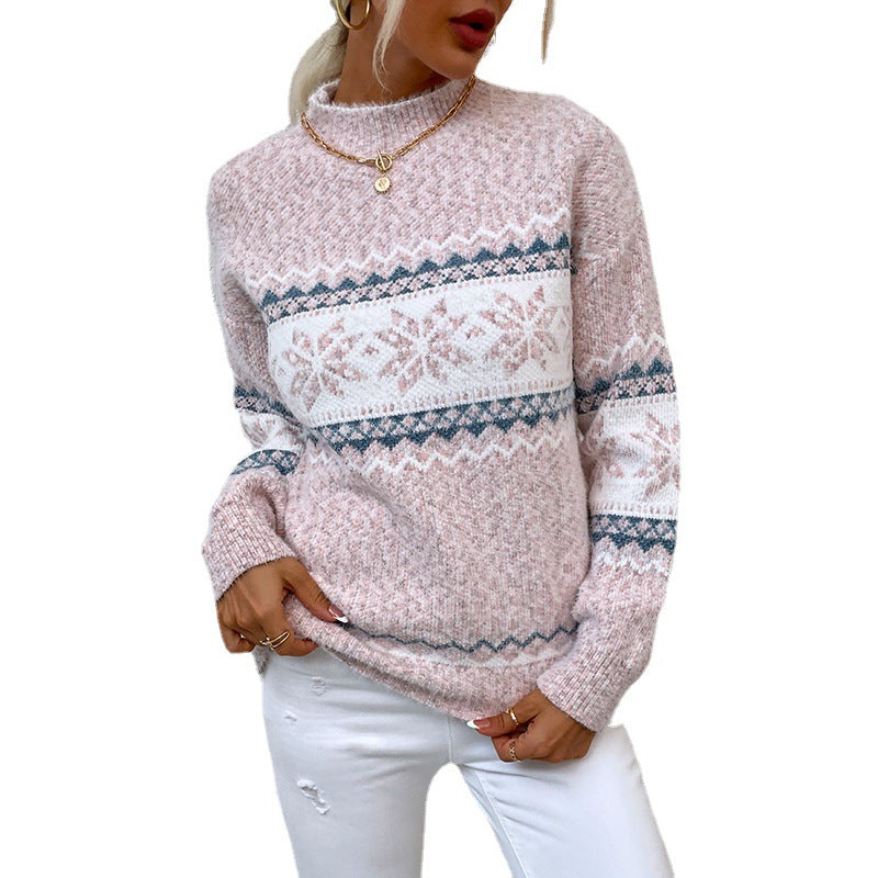 Damski sweter w płatki śniegu z półgolfem – ciepły i modny