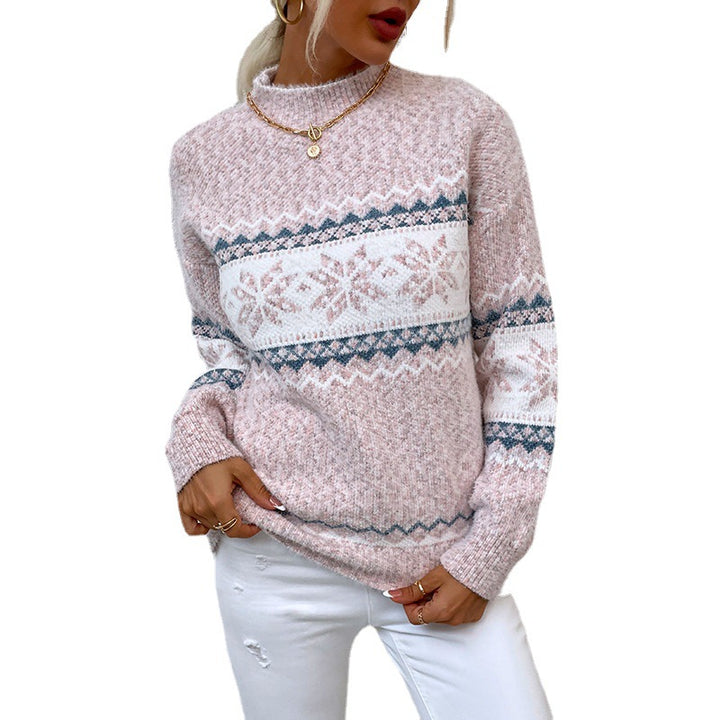 Damski sweter w płatki śniegu z półgolfem – ciepły i modny