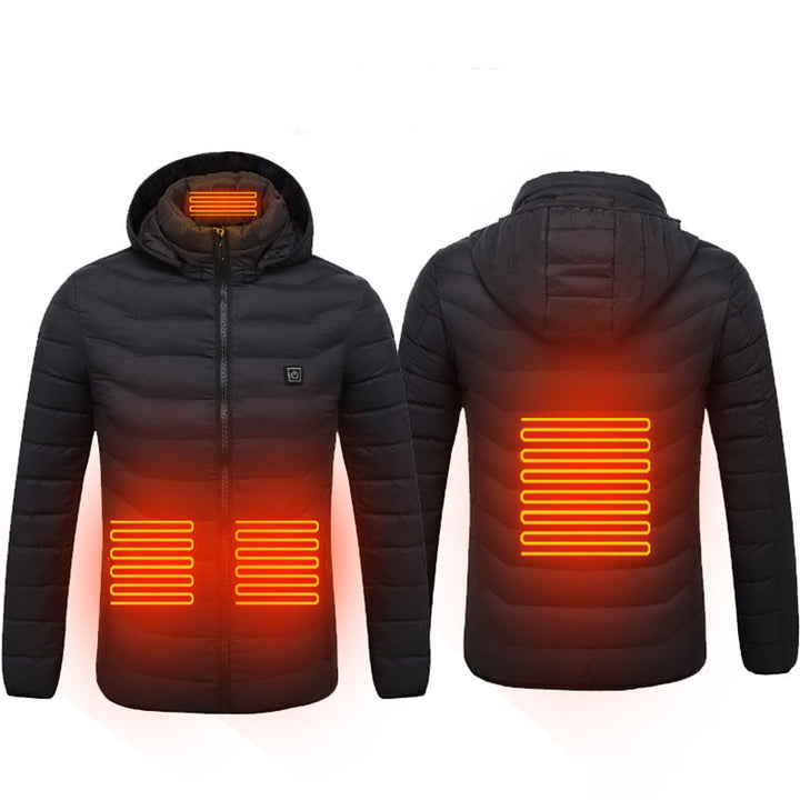 Ogrzewana kurtka USB z odpinanym kapturem, 2–9 stref, włókno węglowe, S–6XL