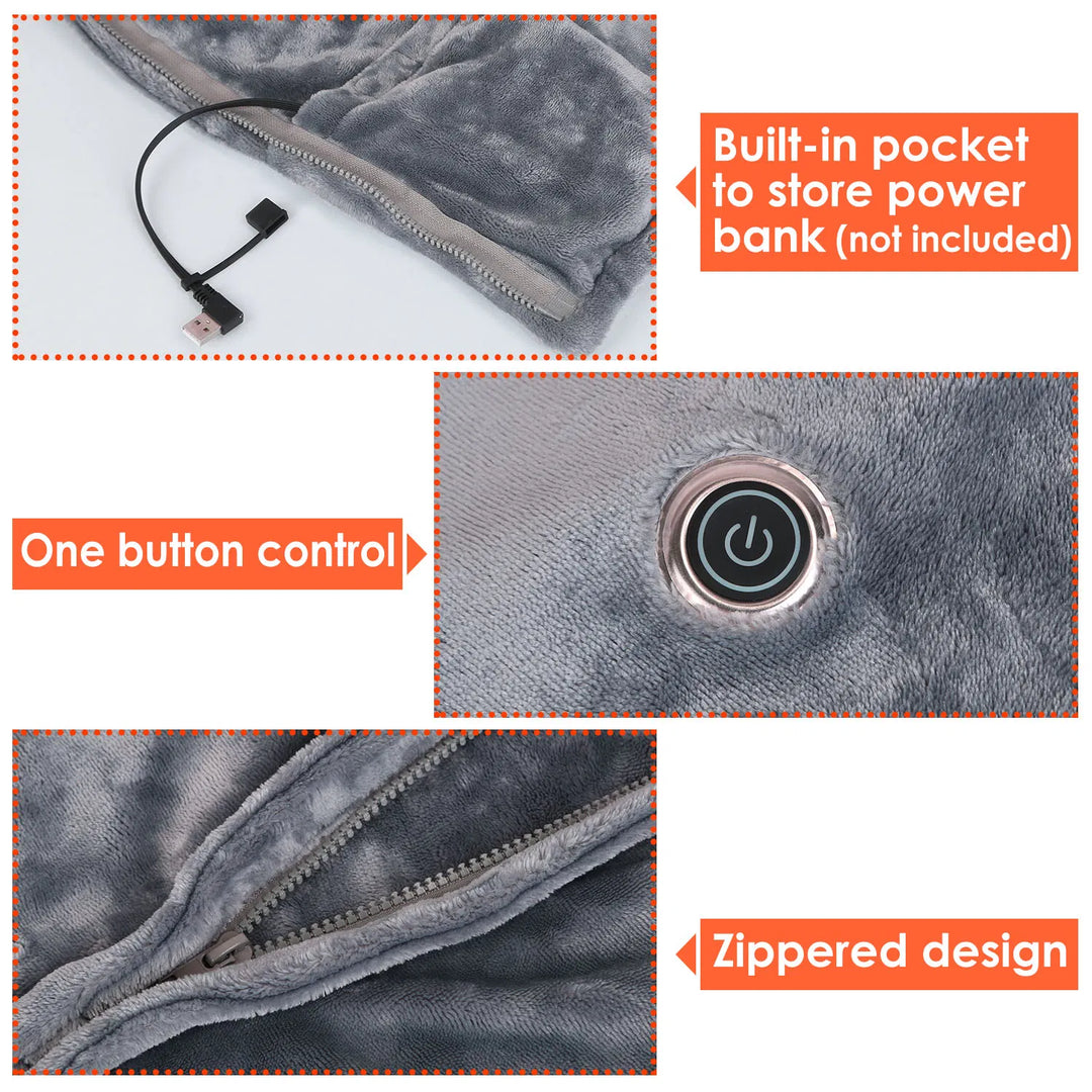 Przenośne ogrzewane poncho na USB z zamkiem i kieszenią na powerbank