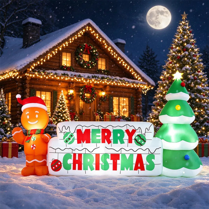 Ciepłowo Dmuchany napis Merry Christmas z piernikiem i choinką, LED