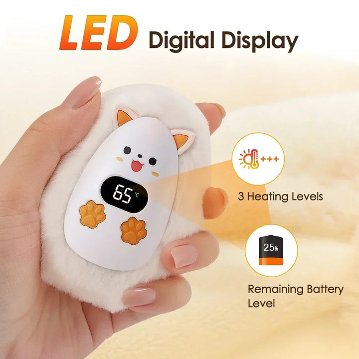 Elektryczny ogrzewacz do rąk Furrio Fox | Akumulator 1200 mAh | 3 poziomy ogrzewania i wyświetlacz cyfrowy | Miękka powierzchnia | USB typu C | Przenośny na zimę i do biura