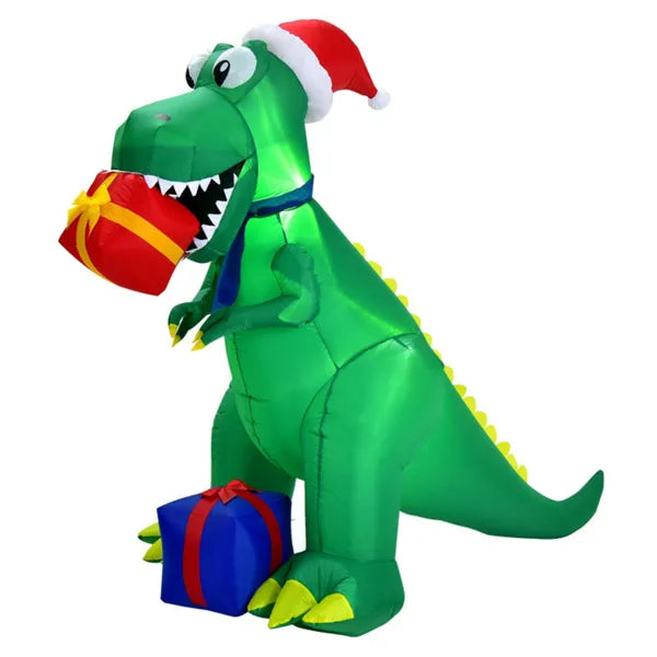 Dmuchany T-rex w czapce Mikołaja z prezentami