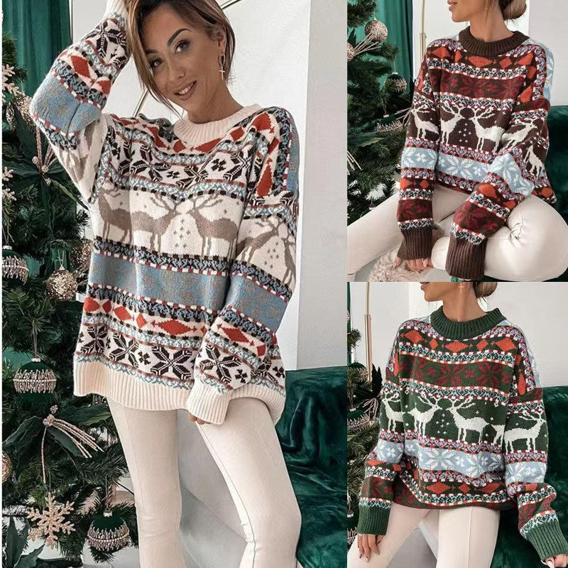 Sweter damski świąteczny w żakardowy wzór, luźny, z okrągłym dekoltem