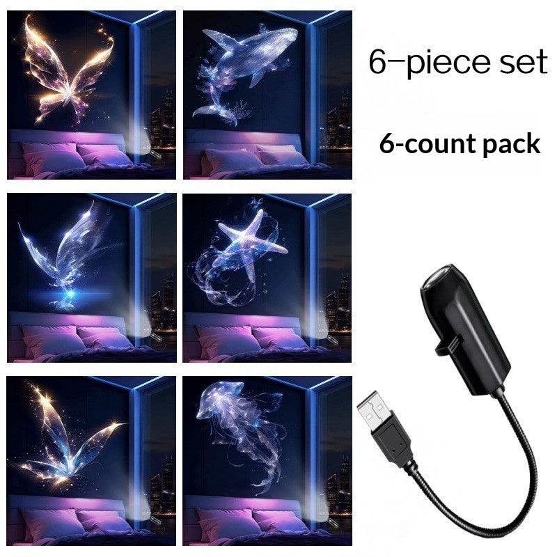 Mały projektor USB rzucający świąteczne wzory na sufit sypialni
