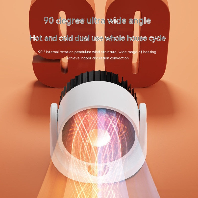 Biały termowentylator z okrągłą uchylną głowicą na biurku